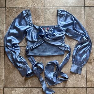 Pastel Blue Silk Satin Tie Up Long Sleeve Urban Outfitters Top